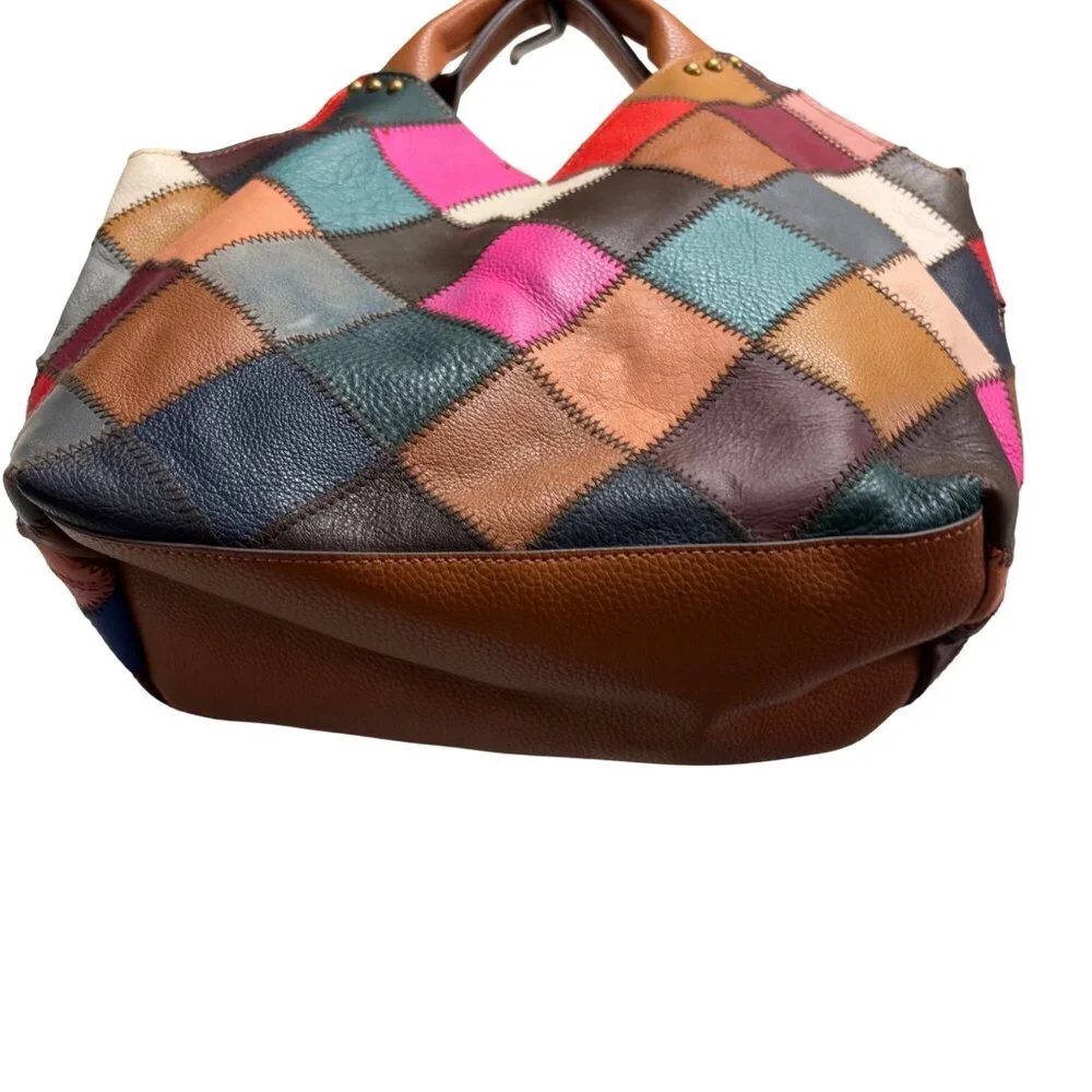 Booba Patchwork Leather Tote Bag Multicolor Squares Brown Handles Dopamine Boho - Picture 10 of 16